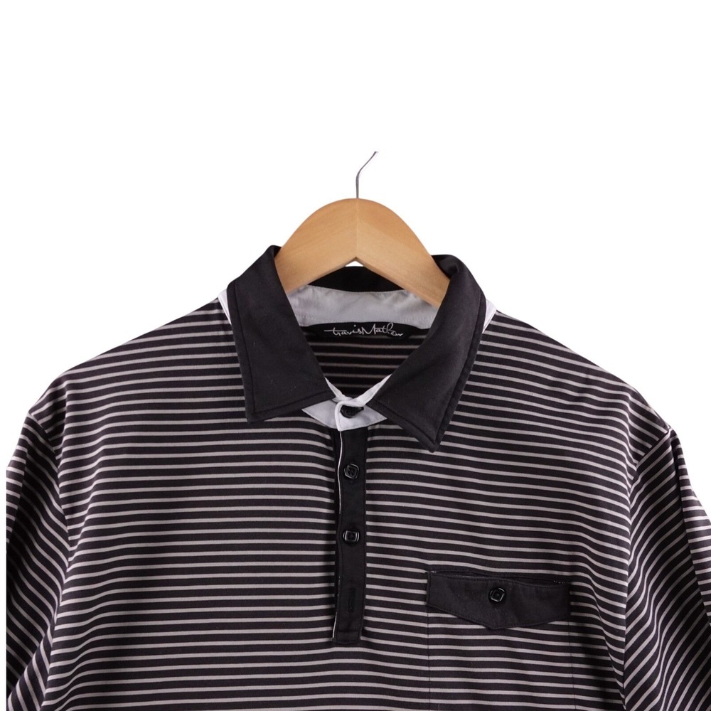 Travis Mathew Men's L Striped Polo‎ Shirt Black Gray Short Sleeve Golf Casual